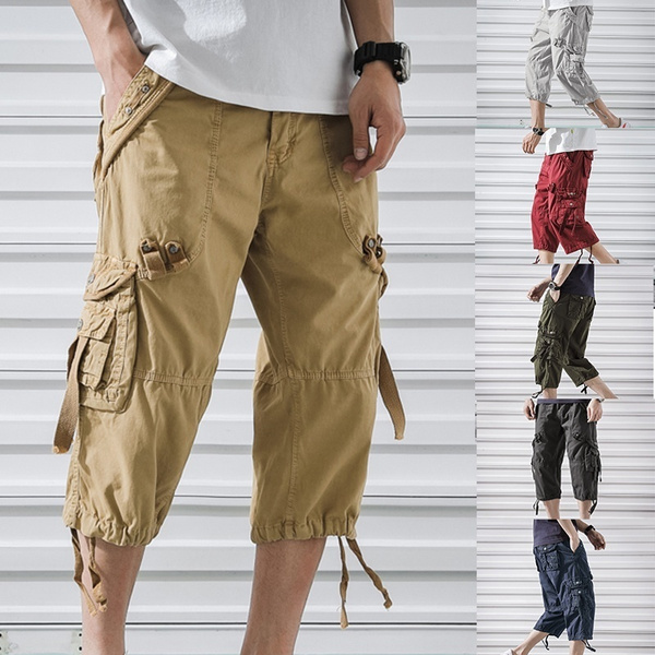 Men's 3/4 Length Cargo Pants Shorts Loose Casual Cotton Trousers Oversize  Pants | eBay
